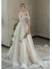 Off Shoulder Beaded Blush Lace Tulle Wedding Dress